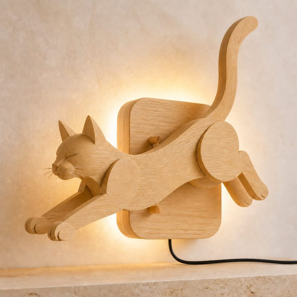 Leaping Cat Wall Sconce shown as an original square photorealistic cat lamp made from natural light-yellow wood with fine grain and warm diffused light