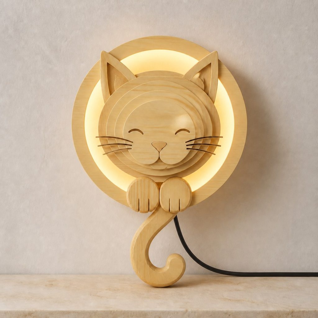 Layered Cat Face Wall Lamp shown as an original square photorealistic cat lamp made from natural light-yellow wood with fine grain and warm diffused light