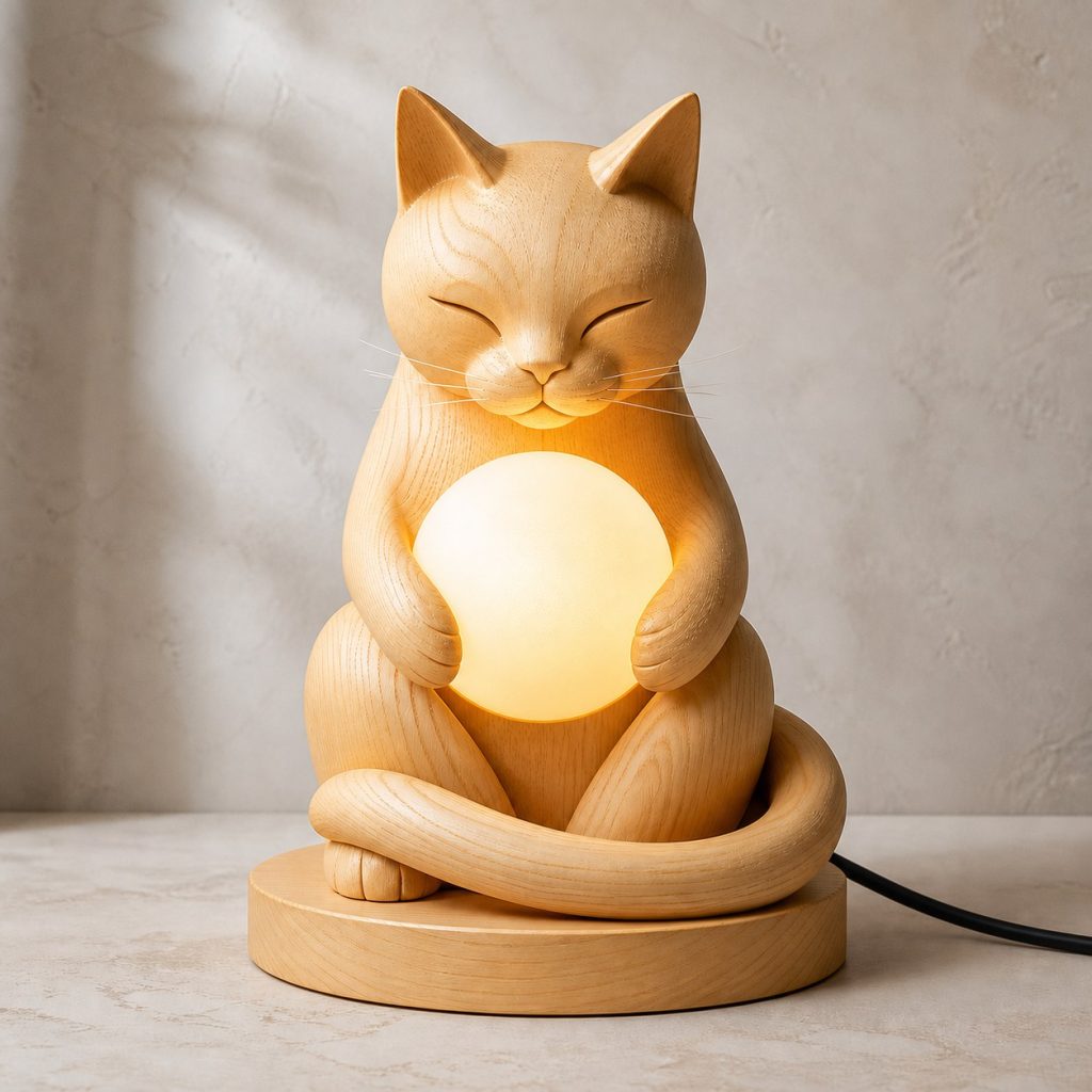 Cat Orb Lamp shown as an original square photorealistic cat lamp made from natural light-yellow wood with fine grain and warm diffused light