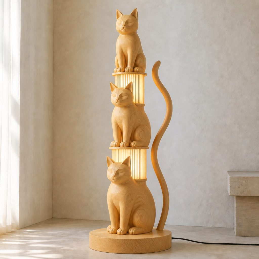 Stacked Cat Floor Lamp shown as an original square photorealistic cat lamp made from natural light-yellow wood with fine grain and warm diffused light