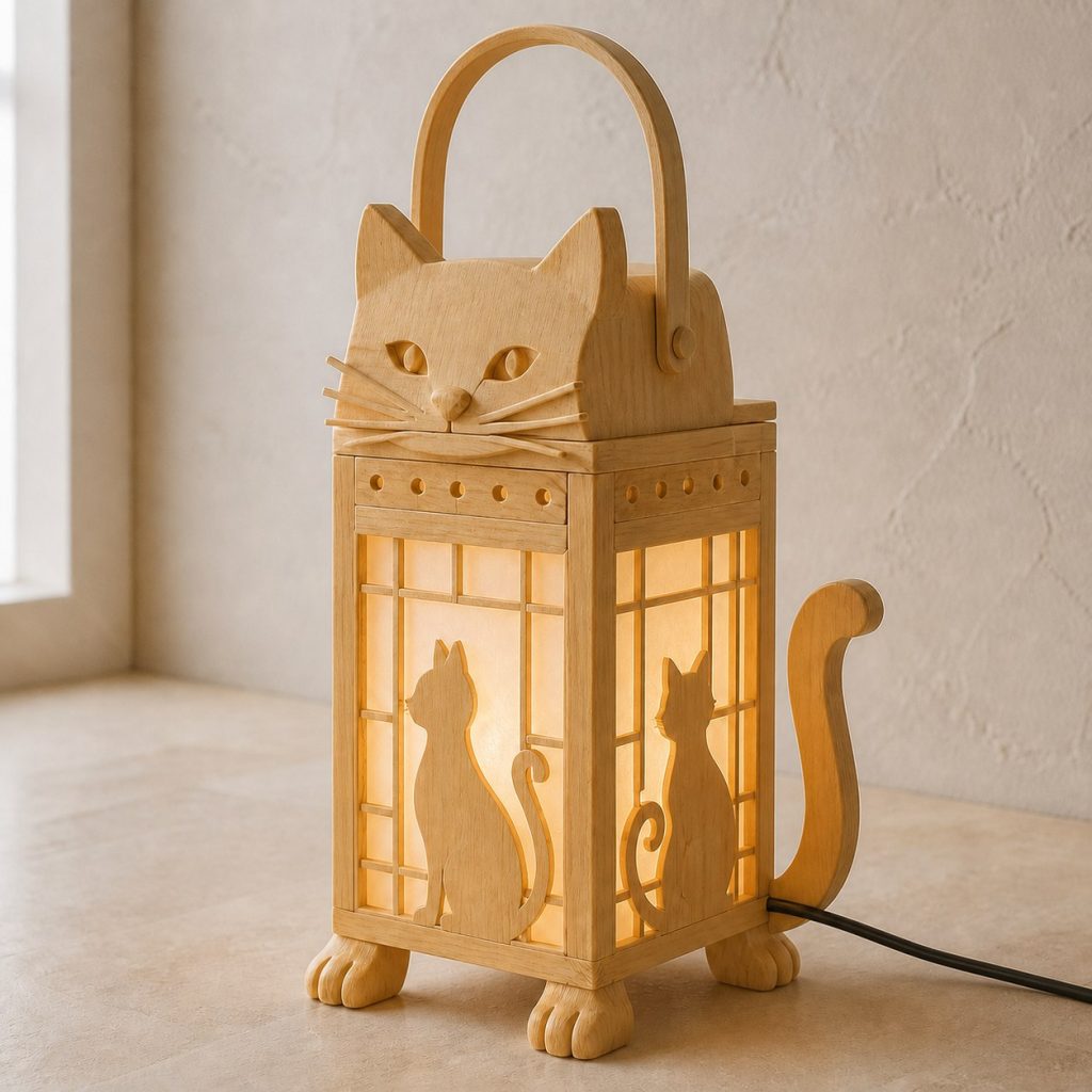 Window Cat Lantern shown as an original square photorealistic cat lamp made from natural light-yellow wood with fine grain and warm diffused light