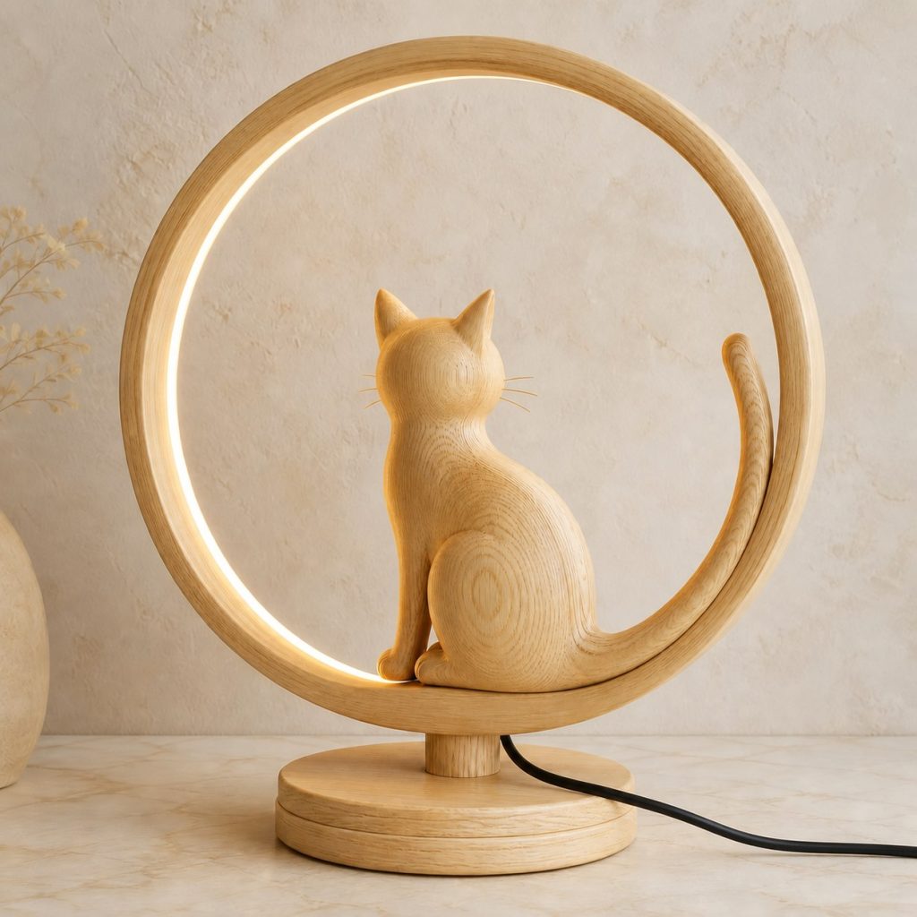Cat Moon-Ring Lamp shown as an original square photorealistic cat lamp made from natural light-yellow wood with fine grain and warm diffused light