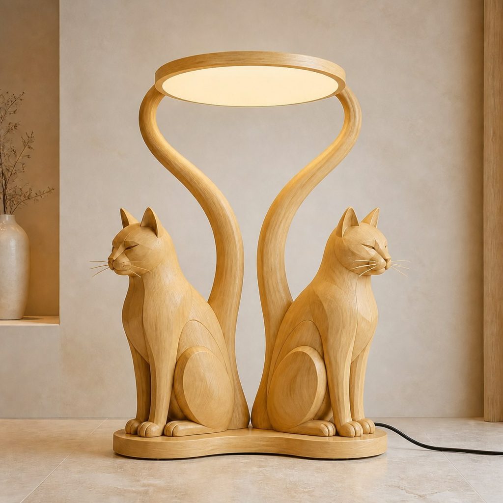 Paired-Tail Cat Floor Lamp shown as an original square photorealistic cat lamp made from natural light-yellow wood with fine grain and warm diffused light