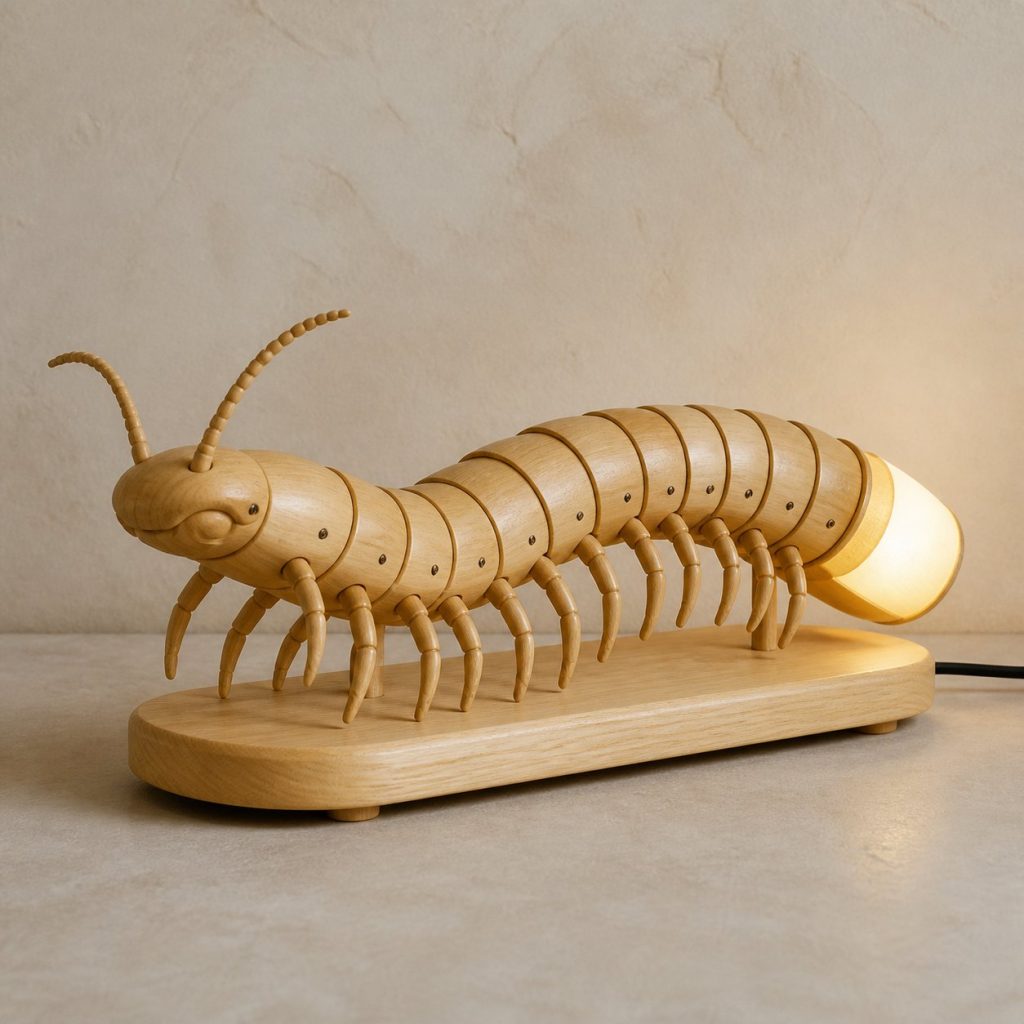 Curving Centipede Profile Lamp shown as an original square photorealistic centipede lamp made from natural light-yellow wood with fine grain and warm diffused light