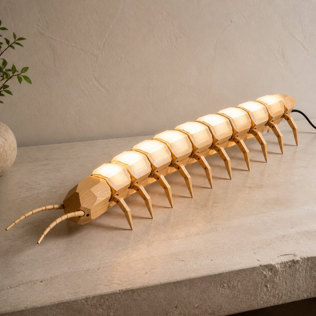 Faceted Centipede Lamp shown as an original square photorealistic centipede lamp made from natural light-yellow wood with fine grain and warm diffused light