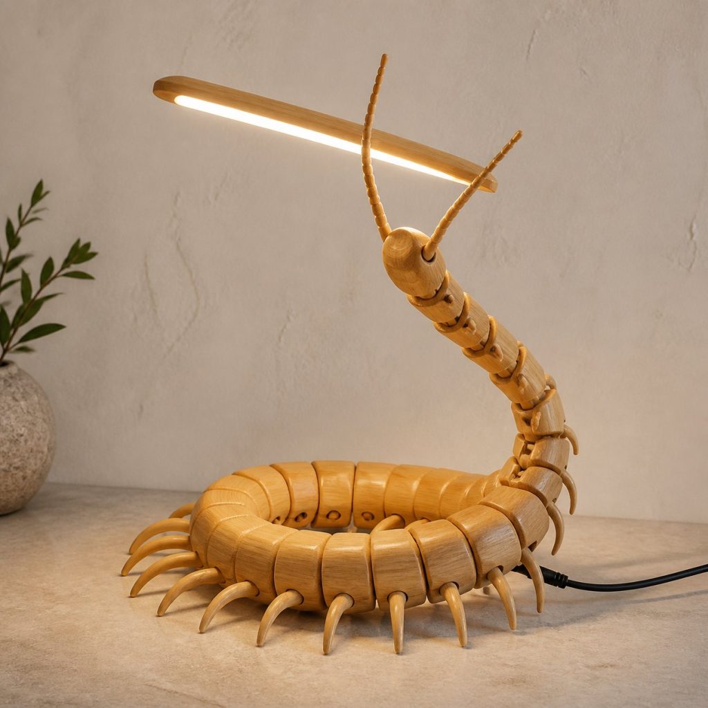 Centipede-Antenna Desk Task Lamp shown as an original square photorealistic centipede lamp made from natural light-yellow wood with fine grain and warm diffused light