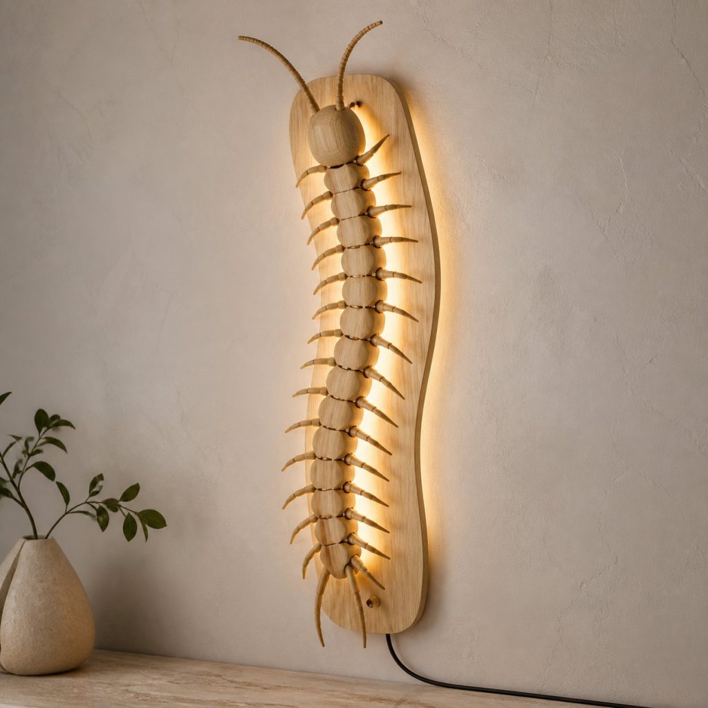 Climbing Centipede Wall Sconce shown as an original square photorealistic centipede lamp made from natural light-yellow wood with fine grain and warm diffused light