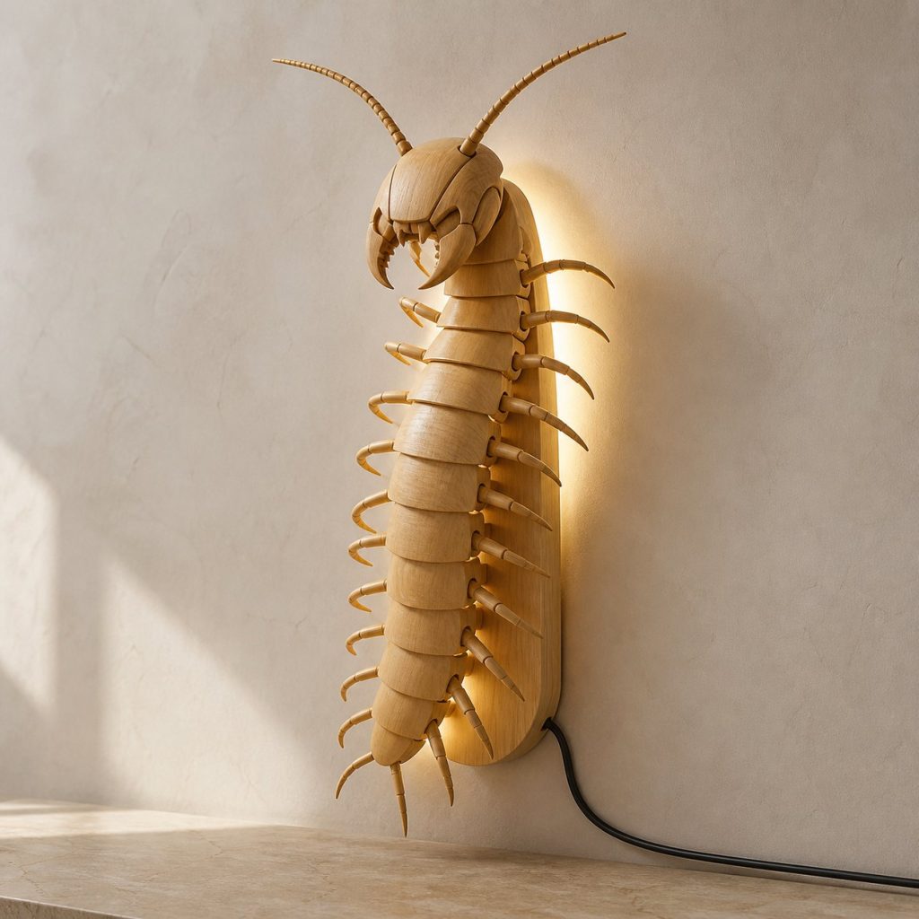 Layered Centipede Head Wall Lamp shown as an original square photorealistic centipede lamp made from natural light-yellow wood with fine grain and warm diffused light