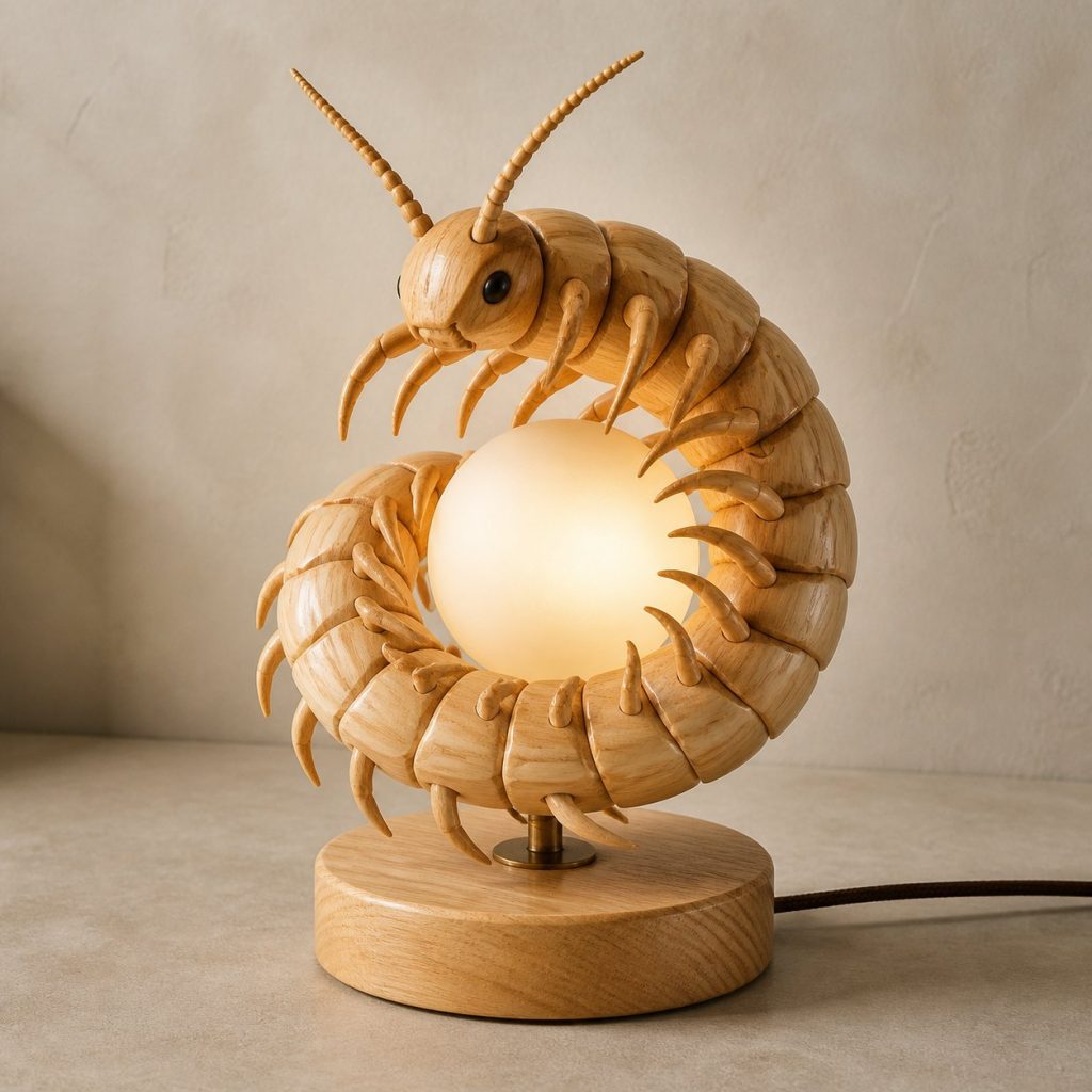 Coiled Centipede Orb Lamp shown as an original square photorealistic centipede lamp made from natural light-yellow wood with fine grain and warm diffused light