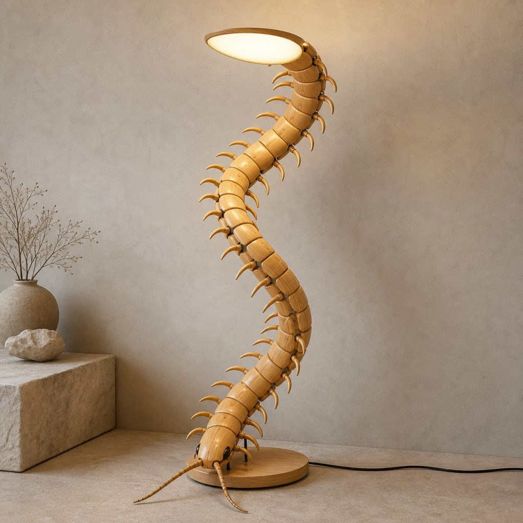 Spiral Centipede Floor Lamp shown as an original square photorealistic centipede lamp made from natural light-yellow wood with fine grain and warm diffused light