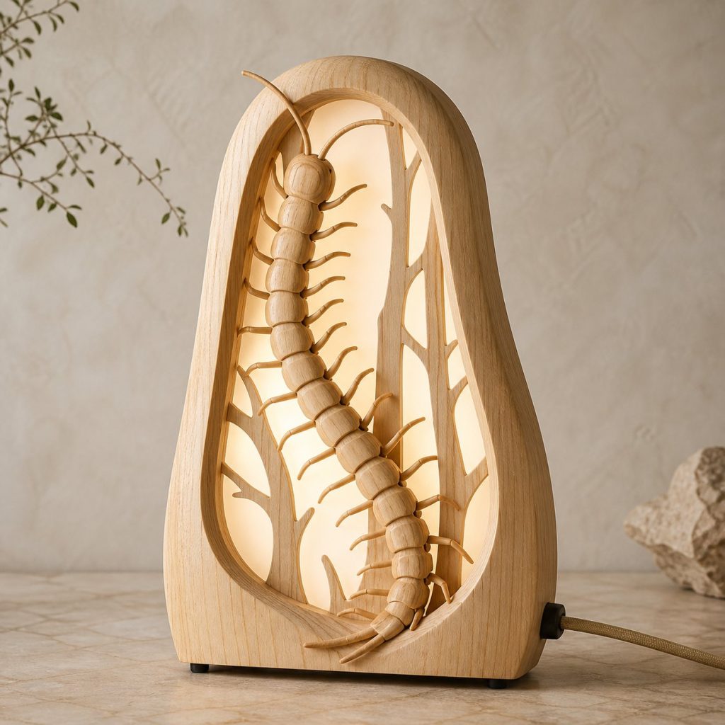 Forest Centipede Lantern shown as an original square photorealistic centipede lamp made from natural light-yellow wood with fine grain and warm diffused light