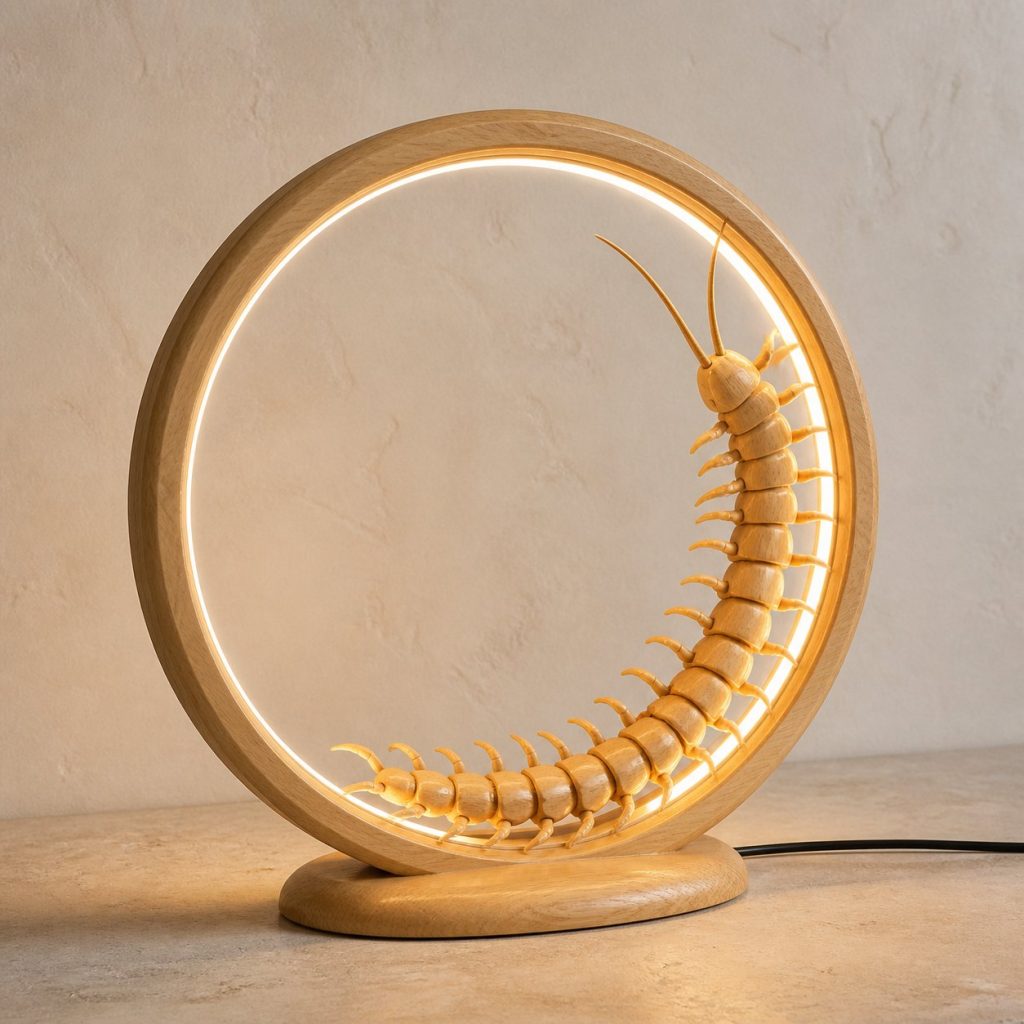 Centipede Earth-Ring Lamp shown as an original square photorealistic centipede lamp made from natural light-yellow wood with fine grain and warm diffused light