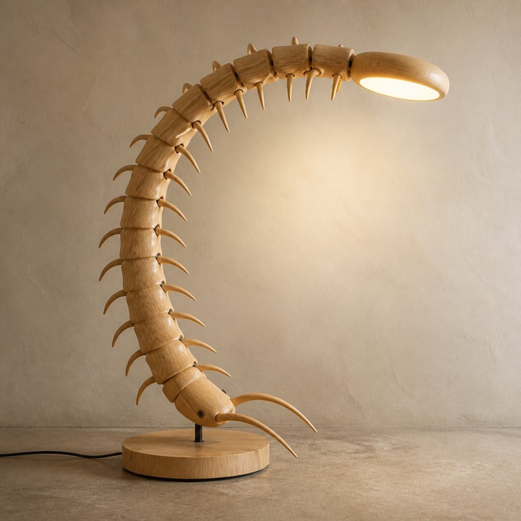 Arching Centipede Floor Lamp shown as an original square photorealistic centipede lamp made from natural light-yellow wood with fine grain and warm diffused light