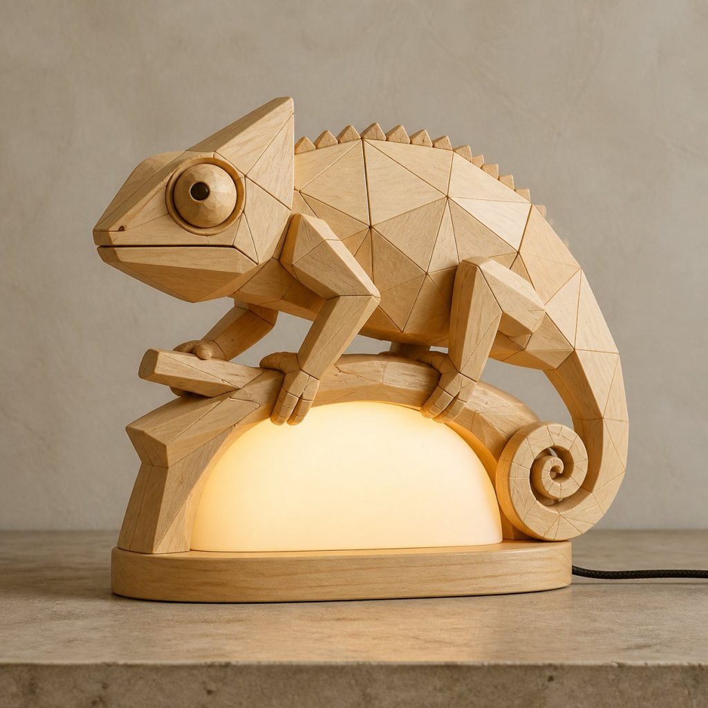 Faceted Chameleon Lamp shown as an original square photorealistic chameleon lamp made from natural light-yellow wood with fine grain and warm diffused light