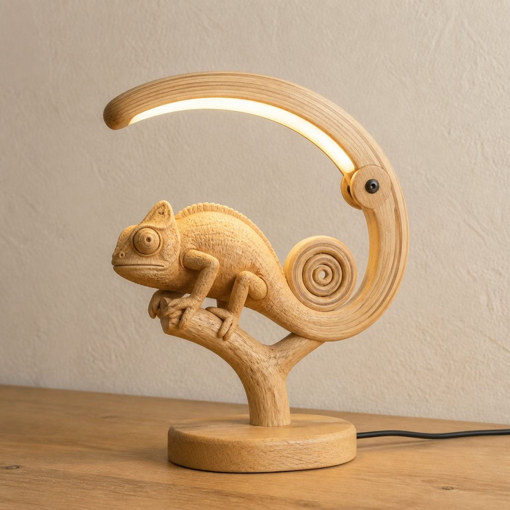 Chameleon-Tail Desk Task Lamp shown as an original square photorealistic chameleon lamp made from natural light-yellow wood with fine grain and warm diffused light