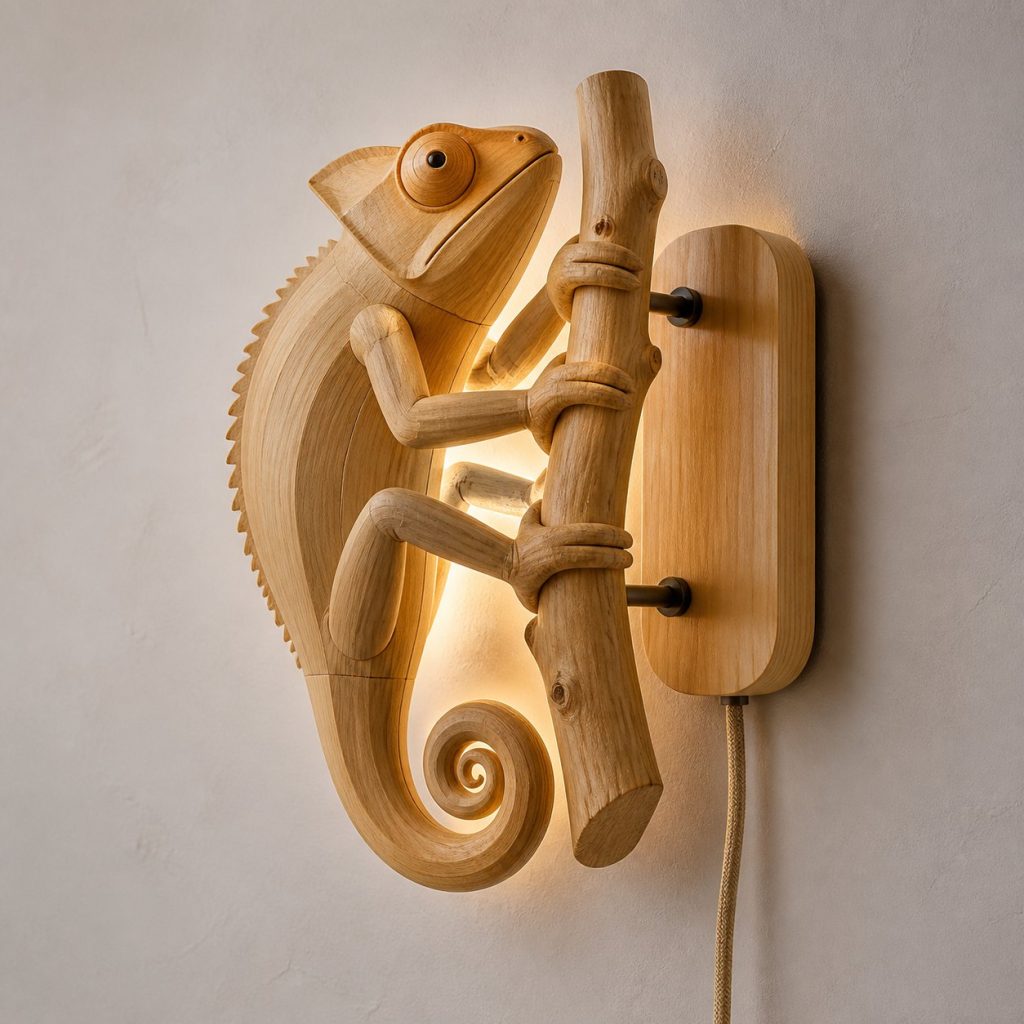 Climbing Chameleon Wall Sconce shown as an original square photorealistic chameleon lamp made from natural light-yellow wood with fine grain and warm diffused light