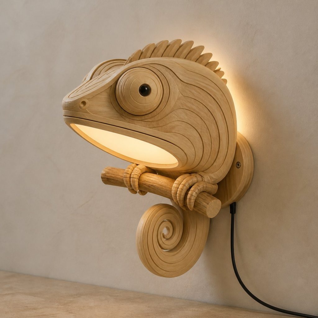Layered Chameleon Face Wall Lamp shown as an original square photorealistic chameleon lamp made from natural light-yellow wood with fine grain and warm diffused light