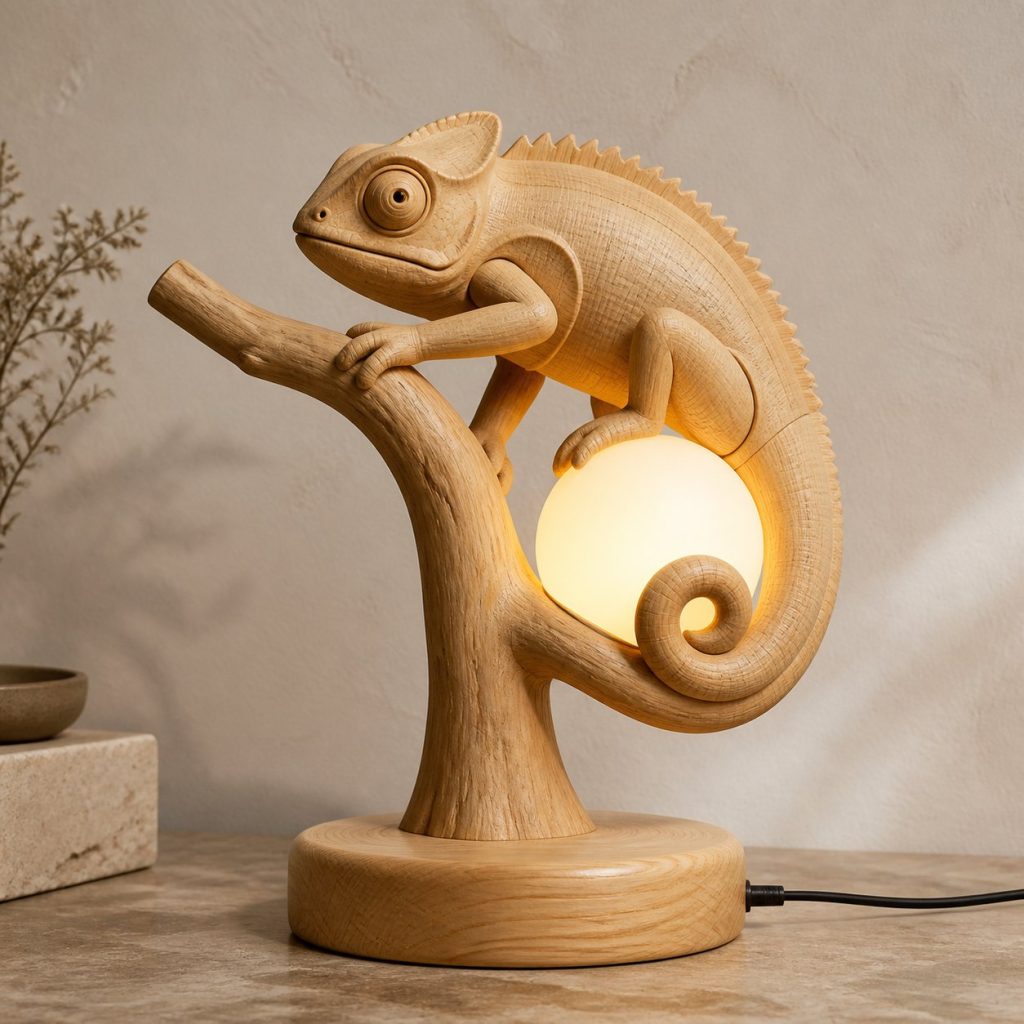 Chameleon Orb Lamp shown as an original square photorealistic chameleon lamp made from natural light-yellow wood with fine grain and warm diffused light