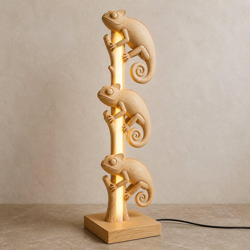 Stacked Chameleon Floor Lamp shown as an original square photorealistic chameleon lamp made from natural light-yellow wood with fine grain and warm diffused light