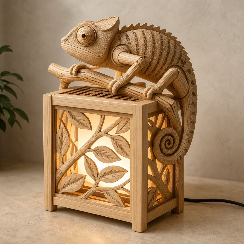 Rainforest Chameleon Lantern shown as an original square photorealistic chameleon lamp made from natural light-yellow wood with fine grain and warm diffused light