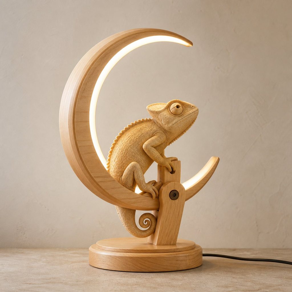 Chameleon-and-Moon Ring Lamp shown as an original square photorealistic chameleon lamp made from natural light-yellow wood with fine grain and warm diffused light