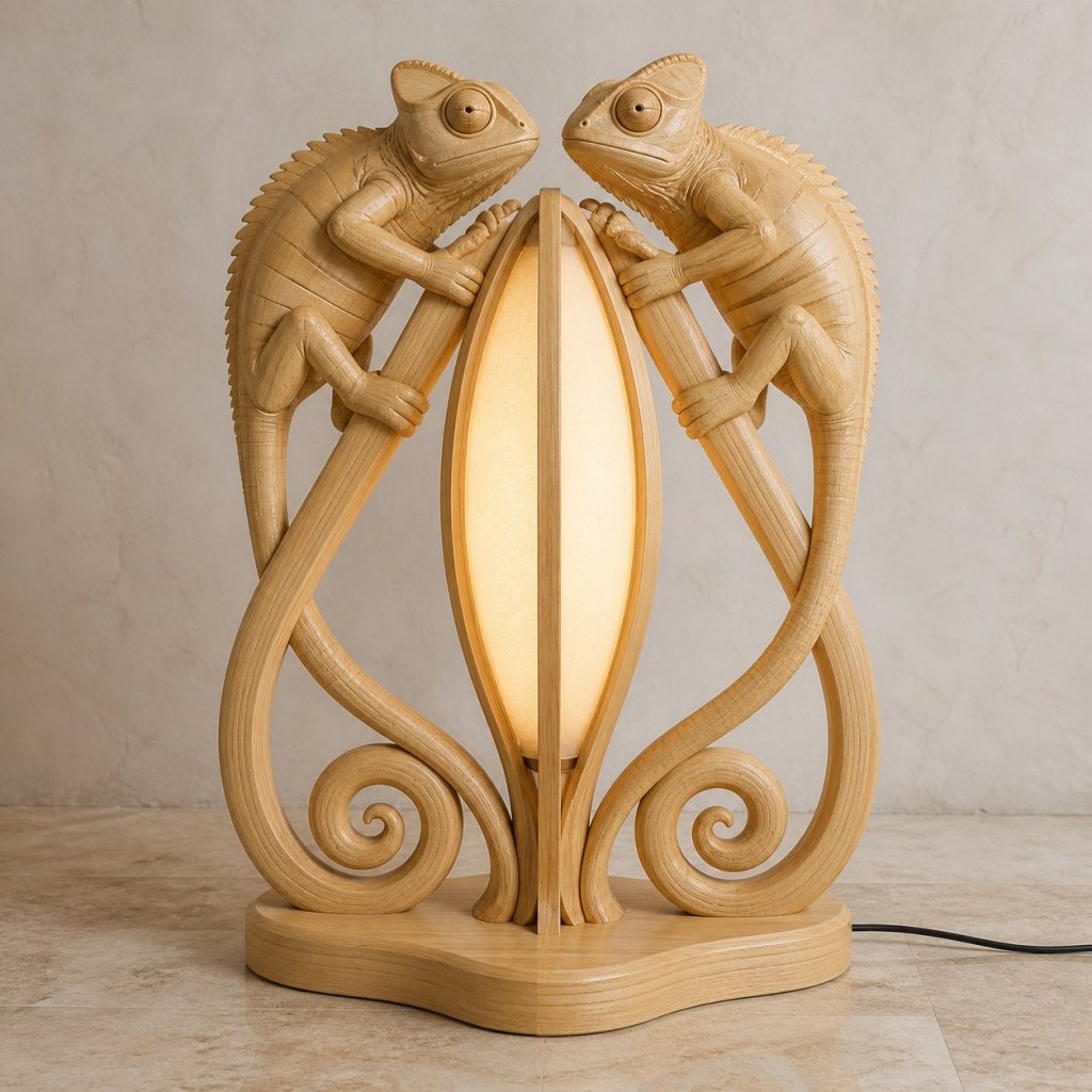 Twin-Tail Chameleon Floor Lamp shown as an original square photorealistic chameleon lamp made from natural light-yellow wood with fine grain and warm diffused light