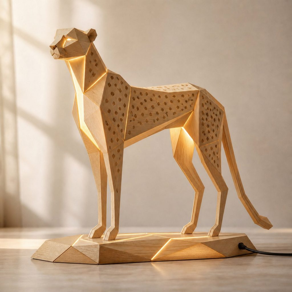 Faceted Cheetah Lamp shown as an original square photorealistic cheetah lamp made from natural light-yellow wood with fine grain and warm diffused light