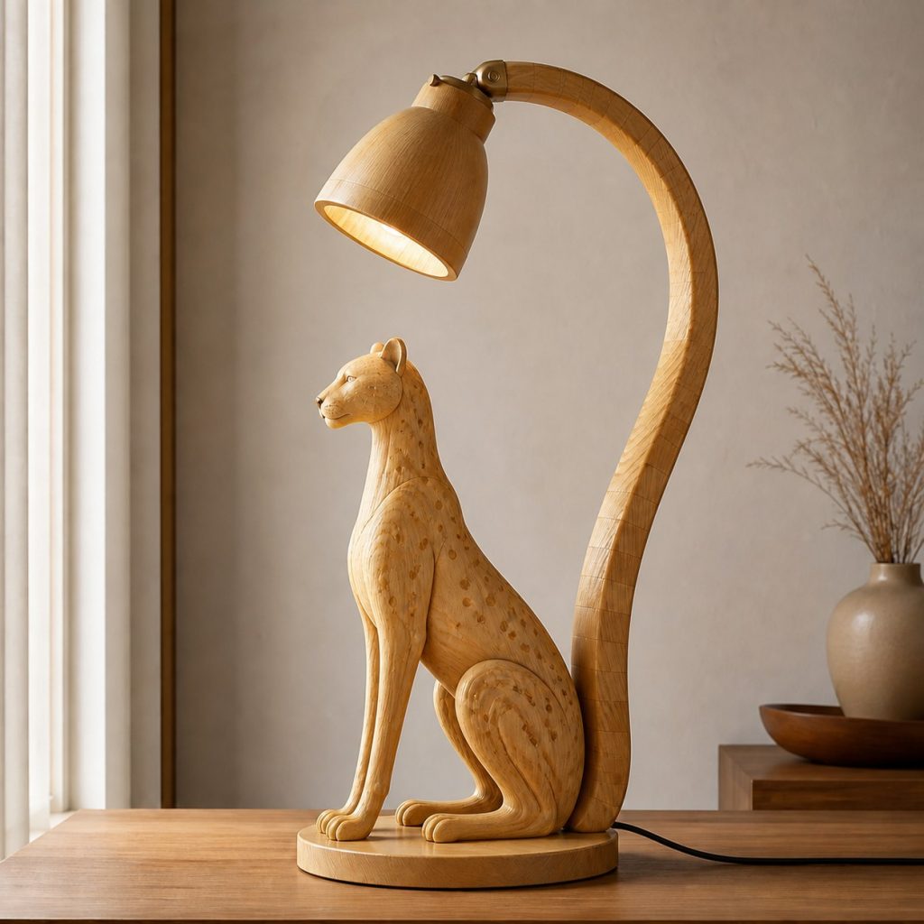 Cheetah-Tail Desk Task Lamp shown as an original square photorealistic cheetah lamp made from natural light-yellow wood with fine grain and warm diffused light