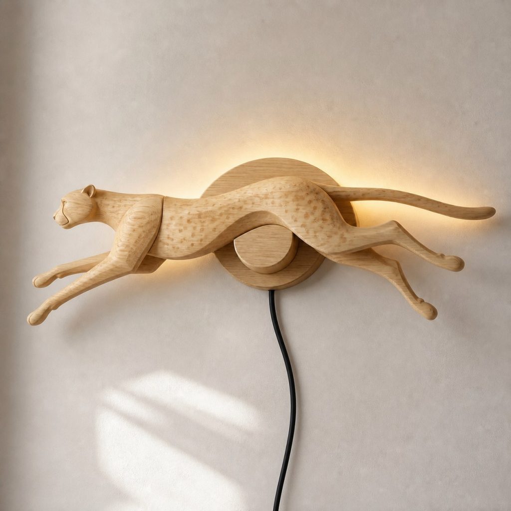 Sprinting Cheetah Wall Sconce shown as an original square photorealistic cheetah lamp made from natural light-yellow wood with fine grain and warm diffused light