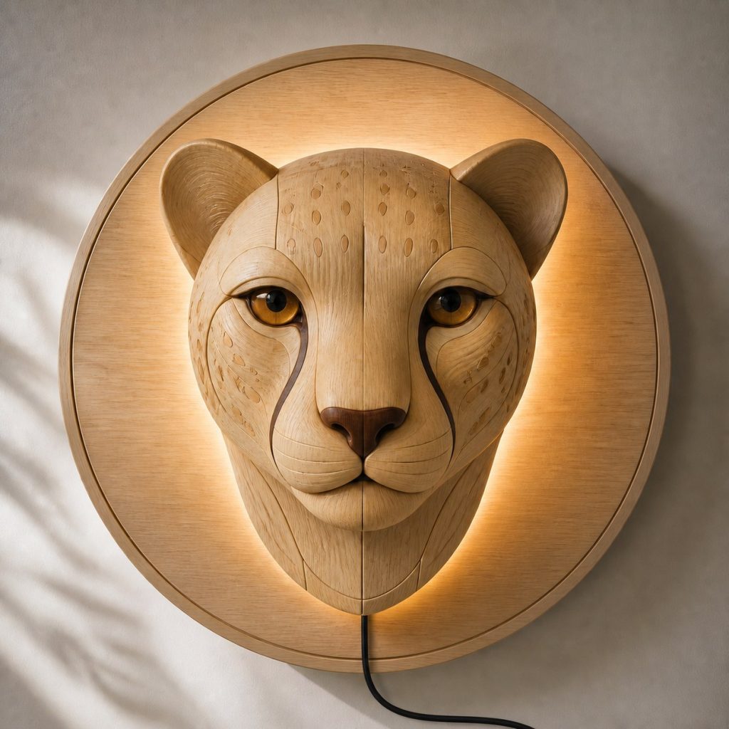 Layered Cheetah Face Wall Lamp shown as an original square photorealistic cheetah lamp made from natural light-yellow wood with fine grain and warm diffused light