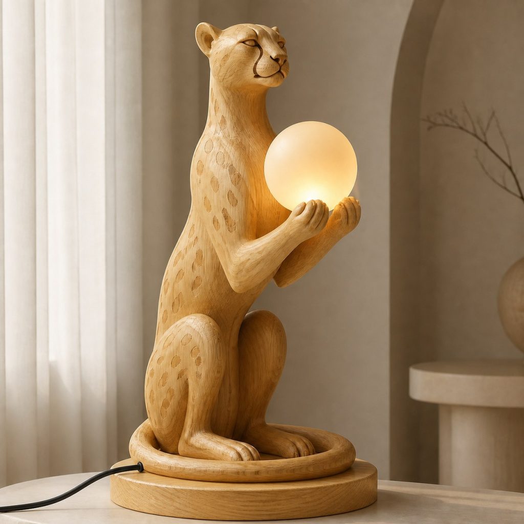 Cheetah Orb Lamp shown as an original square photorealistic cheetah lamp made from natural light-yellow wood with fine grain and warm diffused light