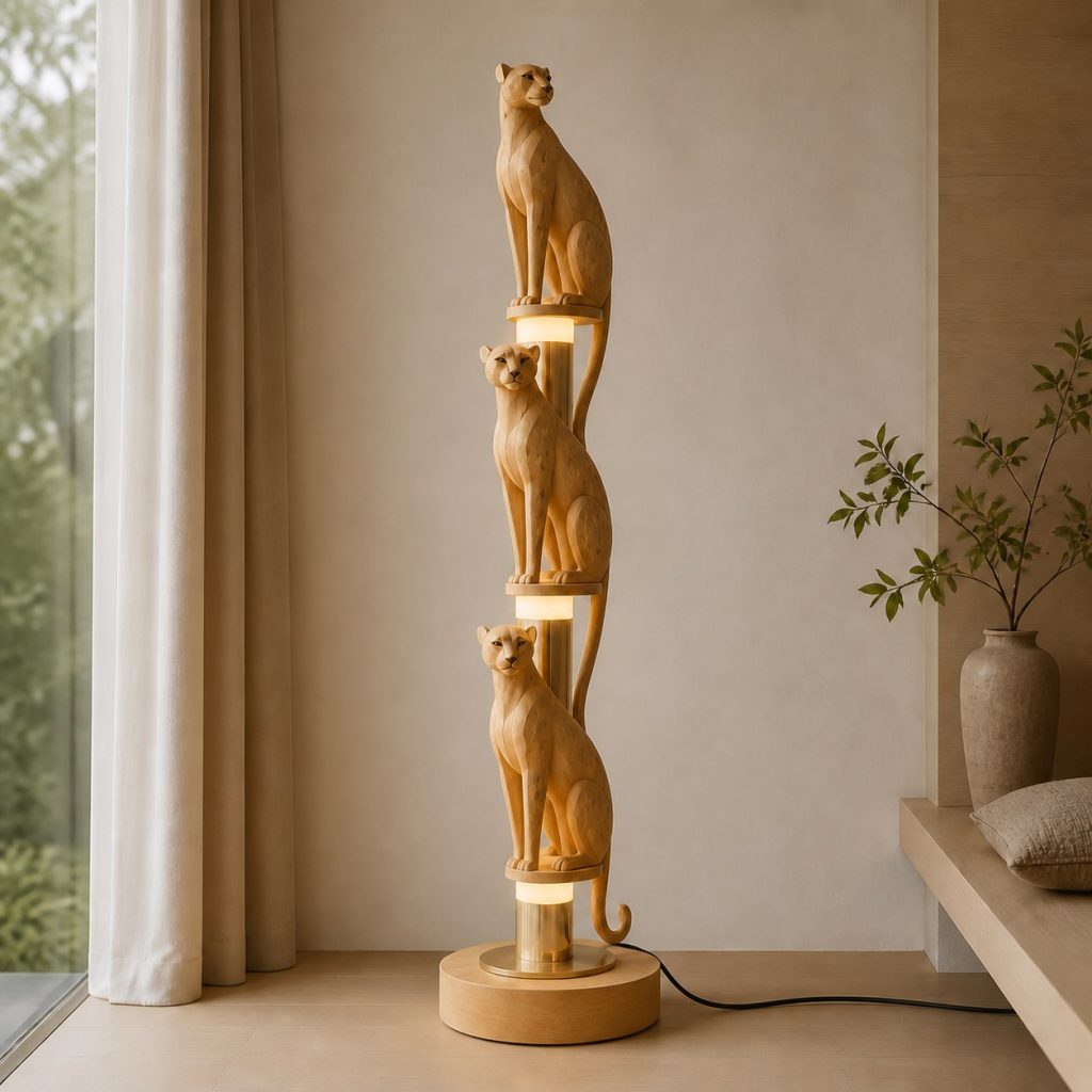 Stacked Cheetah Floor Lamp shown as an original square photorealistic cheetah lamp made from natural light-yellow wood with fine grain and warm diffused light
