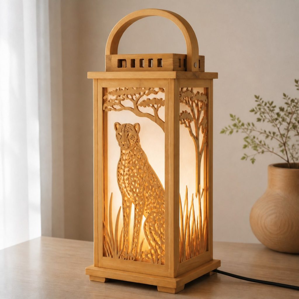 Savanna Cheetah Lantern shown as an original square photorealistic cheetah lamp made from natural light-yellow wood with fine grain and warm diffused light