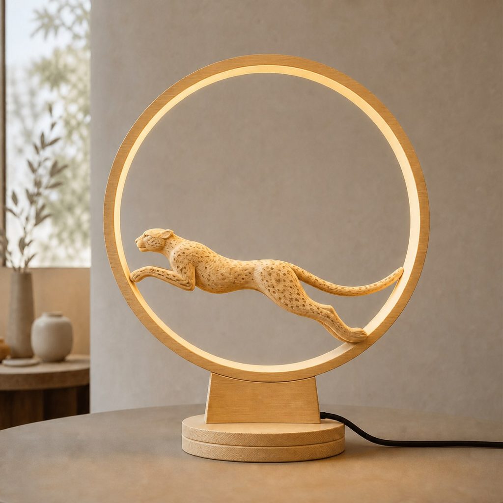 Cheetah Sun-Ring Lamp shown as an original square photorealistic cheetah lamp made from natural light-yellow wood with fine grain and warm diffused light
