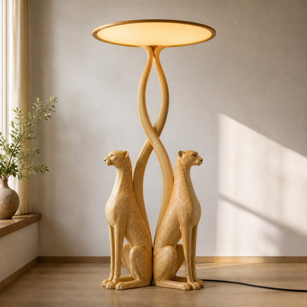 Paired-Tail Cheetah Floor Lamp shown as an original square photorealistic cheetah lamp made from natural light-yellow wood with fine grain and warm diffused light