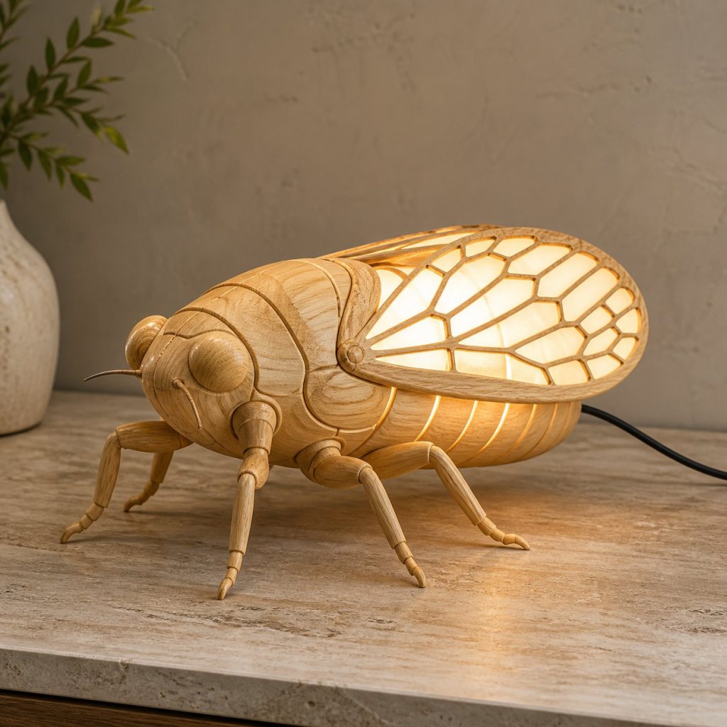 Perched Cicada Profile Lamp shown as an original square photorealistic cicada lamp made from natural light-yellow wood with fine grain and warm diffused light