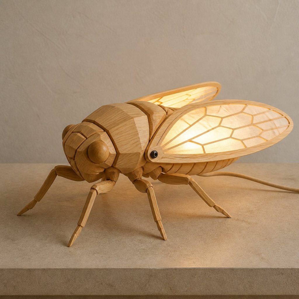 Faceted Cicada Lamp shown as an original square photorealistic cicada lamp made from natural light-yellow wood with fine grain and warm diffused light