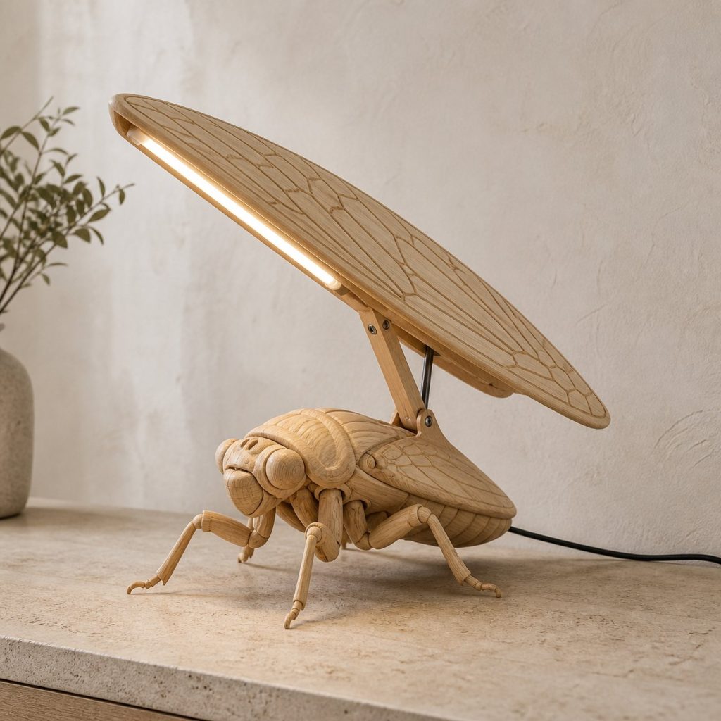 Cicada-Wing Desk Task Lamp shown as an original square photorealistic cicada lamp made from natural light-yellow wood with fine grain and warm diffused light