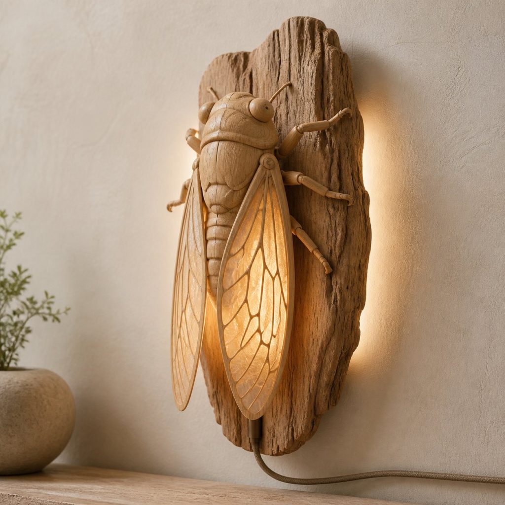 Clinging Cicada Wall Sconce shown as an original square photorealistic cicada lamp made from natural light-yellow wood with fine grain and warm diffused light