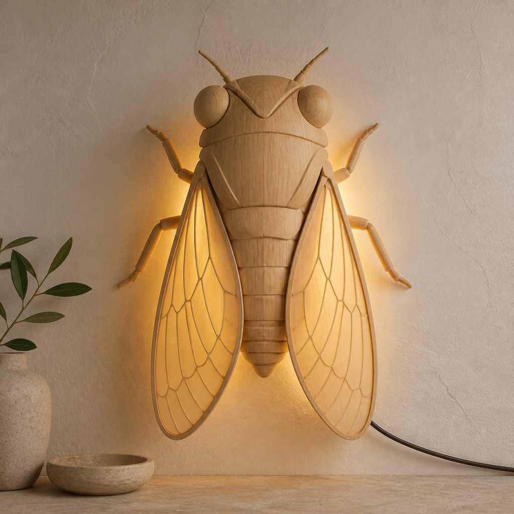 Layered Cicada Wall Lamp shown as an original square photorealistic cicada lamp made from natural light-yellow wood with fine grain and warm diffused light