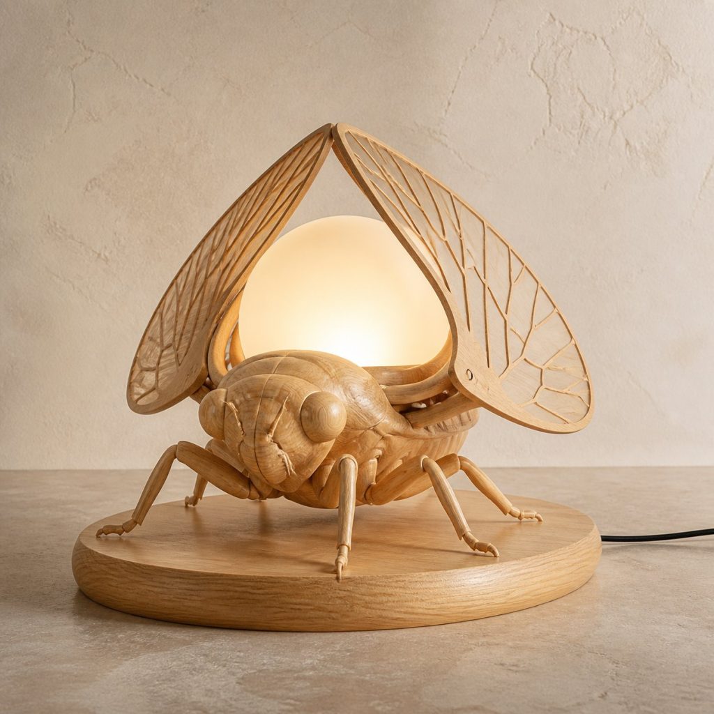 Cicada Orb Lamp shown as an original square photorealistic cicada lamp made from natural light-yellow wood with fine grain and warm diffused light