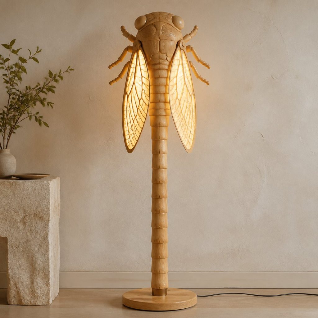 Tall Cicada Floor Lamp shown as an original square photorealistic cicada lamp made from natural light-yellow wood with fine grain and warm diffused light
