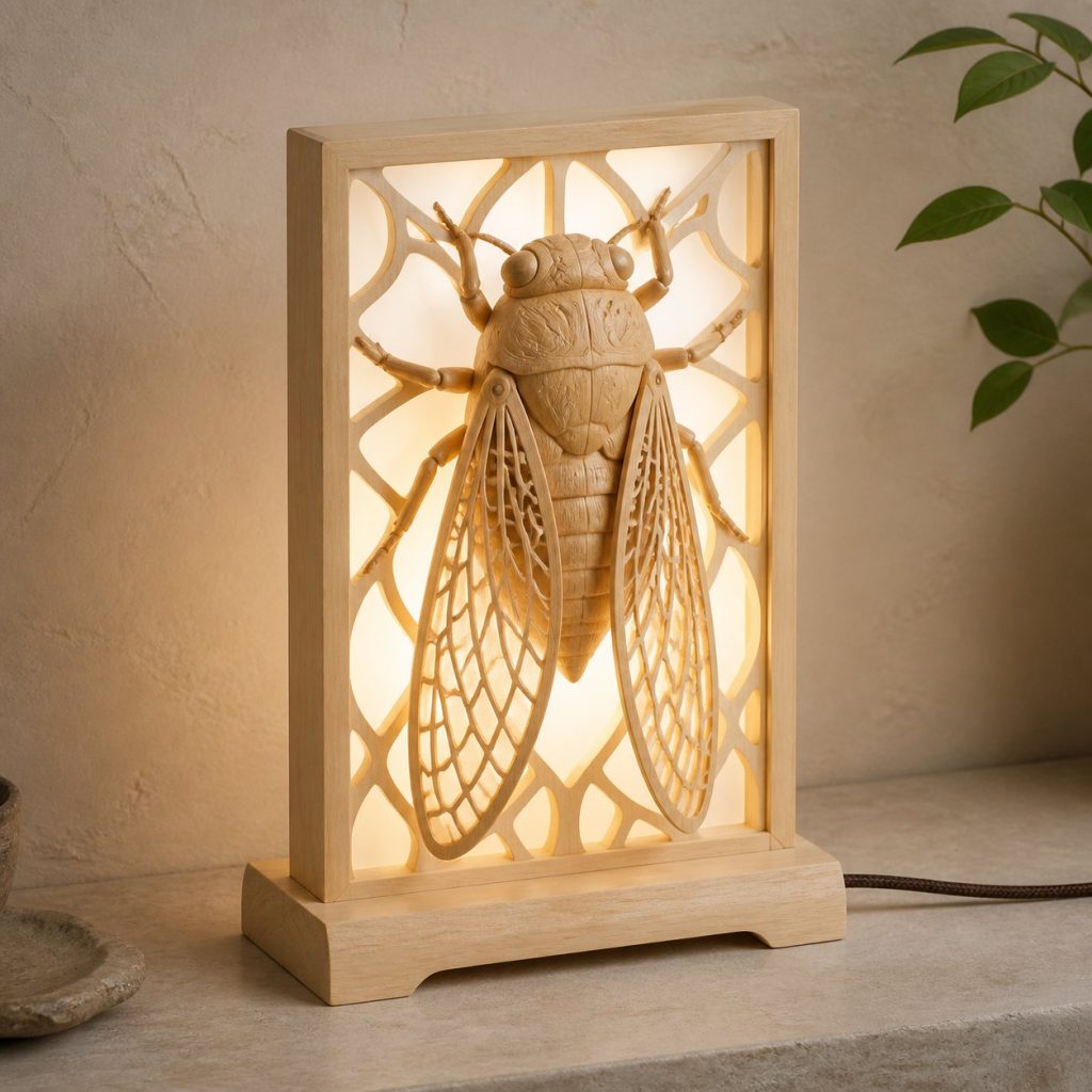 Summer Cicada Lantern shown as an original square photorealistic cicada lamp made from natural light-yellow wood with fine grain and warm diffused light