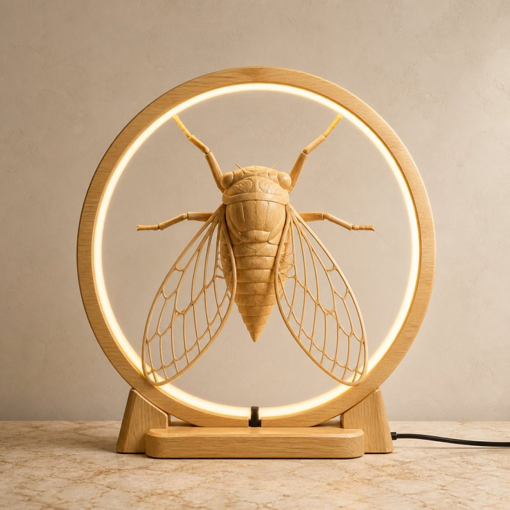 Cicada Sun-Ring Lamp shown as an original square photorealistic cicada lamp made from natural light-yellow wood with fine grain and warm diffused light