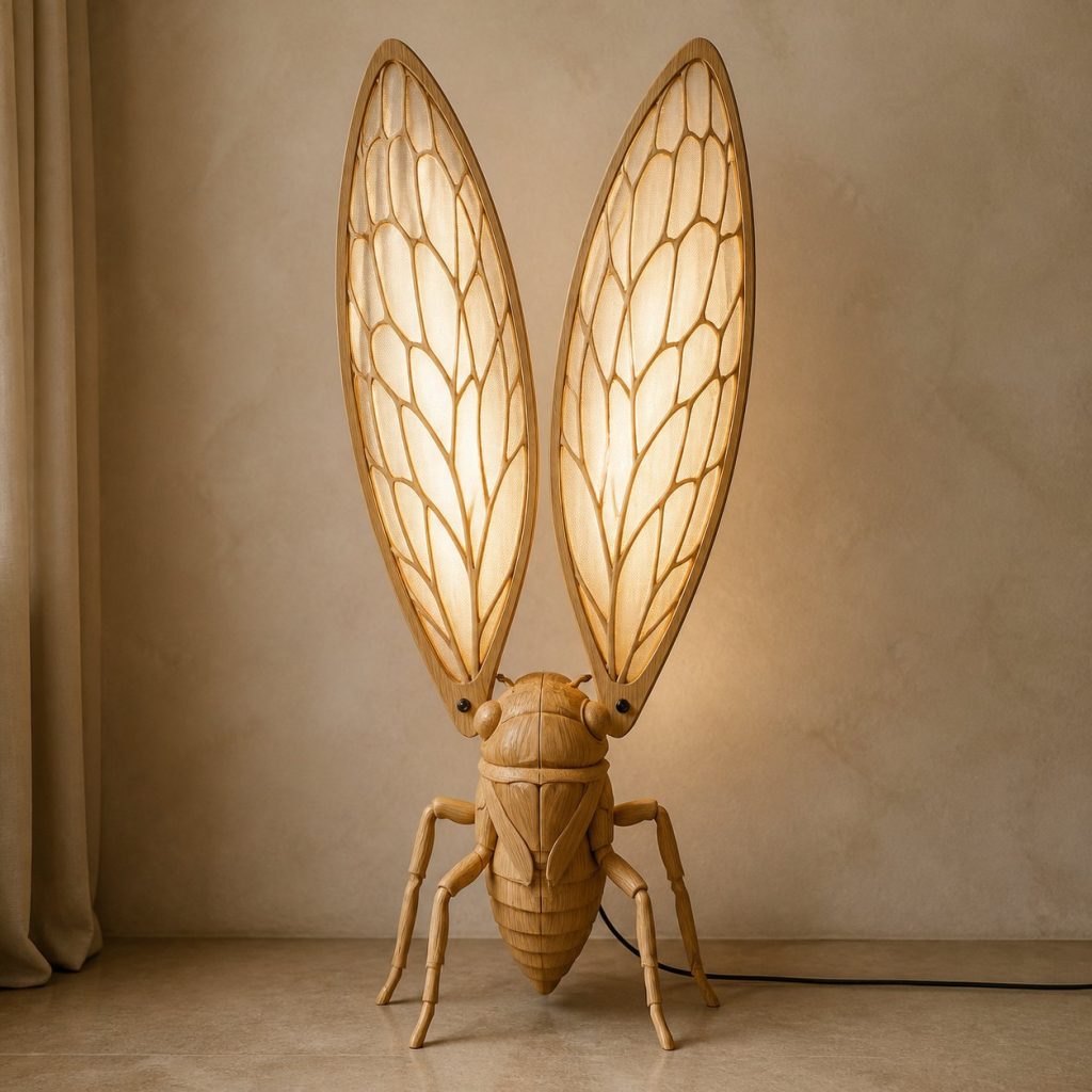 Paired-Wing Cicada Floor Lamp shown as an original square photorealistic cicada lamp made from natural light-yellow wood with fine grain and warm diffused light