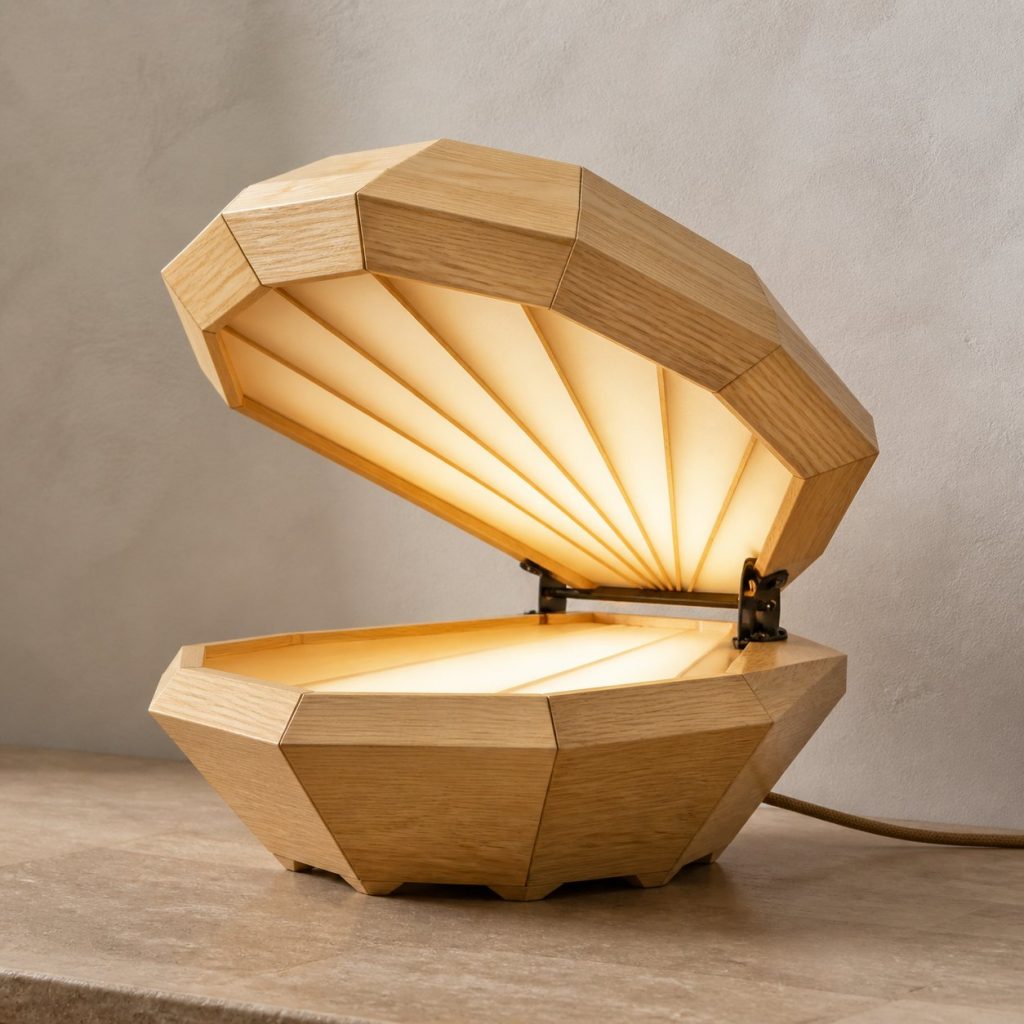 Faceted Clam Lamp shown as an original square photorealistic clam lamp made from natural light-yellow wood with fine grain and warm diffused light