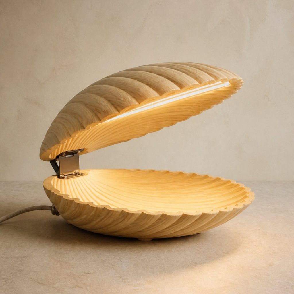 Clam-Shell Desk Task Lamp shown as an original square photorealistic clam lamp made from natural light-yellow wood with fine grain and warm diffused light