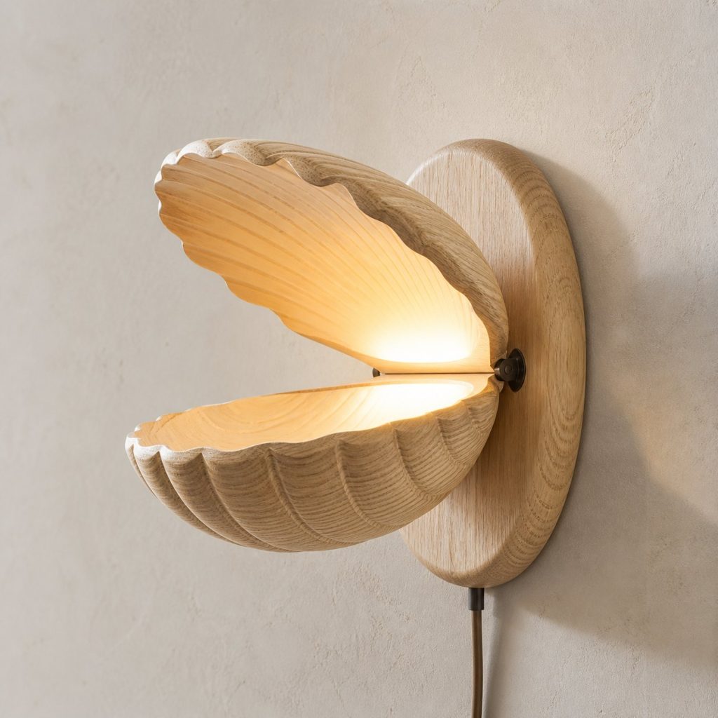 Open Clam Wall Sconce shown as an original square photorealistic clam lamp made from natural light-yellow wood with fine grain and warm diffused light