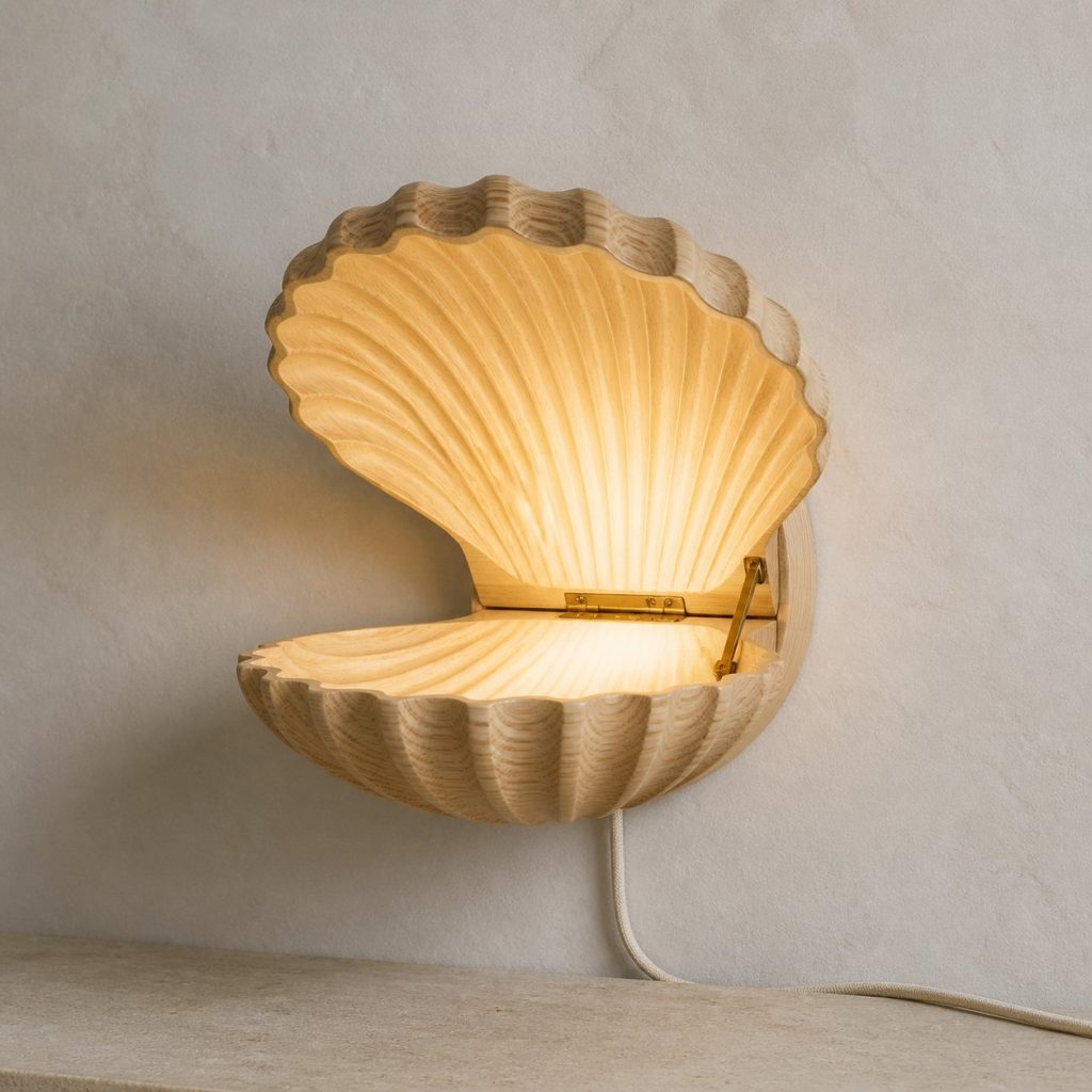 Layered Clam Wall Lamp shown as an original square photorealistic clam lamp made from natural light-yellow wood with fine grain and warm diffused light