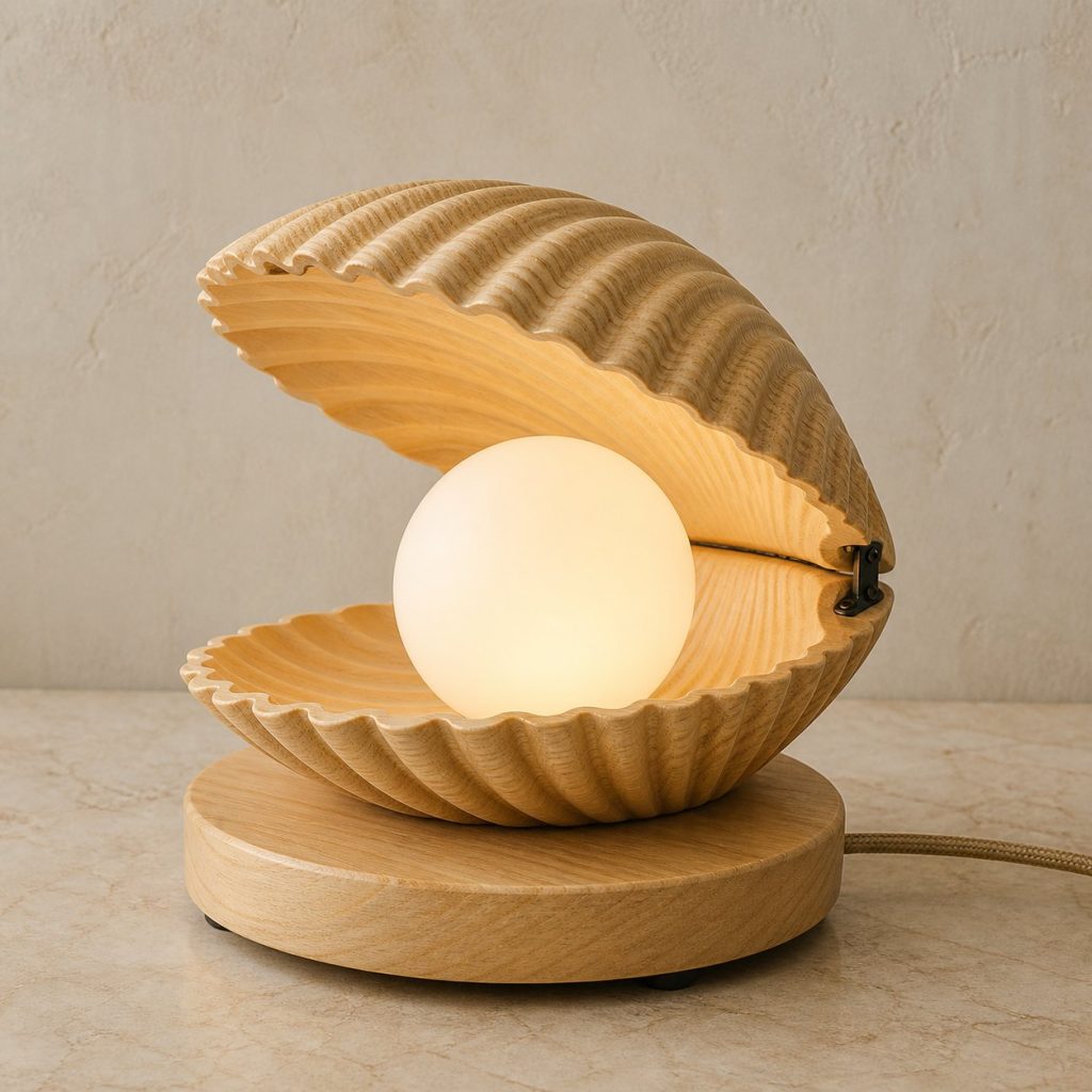Clam Pearl Orb Lamp shown as an original square photorealistic clam lamp made from natural light-yellow wood with fine grain and warm diffused light